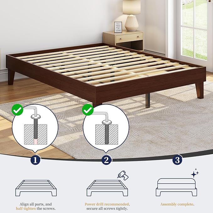 Yaheetech King Bed Frame Natural Solid Wood Platform Bed with Wooden Slats Support, 12-inch Underbed Space for Storage, Noise-Free Design, Easy Assembly, Dark Walnut Finish