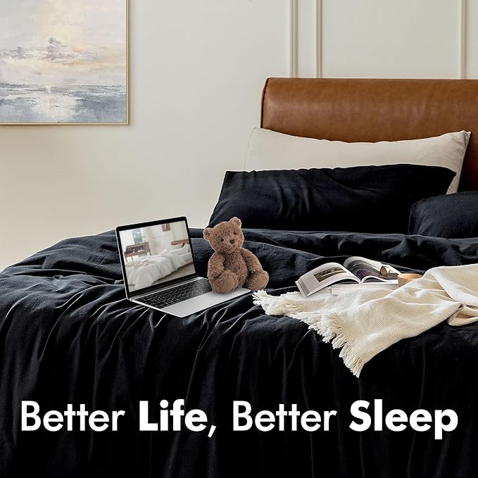 FOSSA Duvet Cover Set 100% Washed Cotton 3 Pieces Bedding Set Twill Soft Cozy Breathable Sturdy Substantial with Textured Weave Solid Black Full/Double