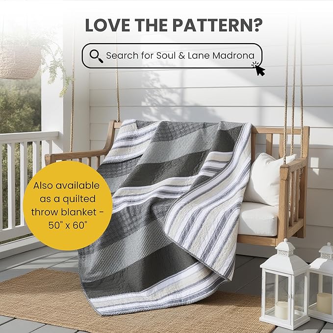 Soul & Lane Madrona 2-Piece Pieced Cotton Quilt Set - Twin Size with 1 Sham, Modern Masculine Quilted Bedspread in Brown and Gray, Contemporary Striped Bedding for Boy's Bedroom