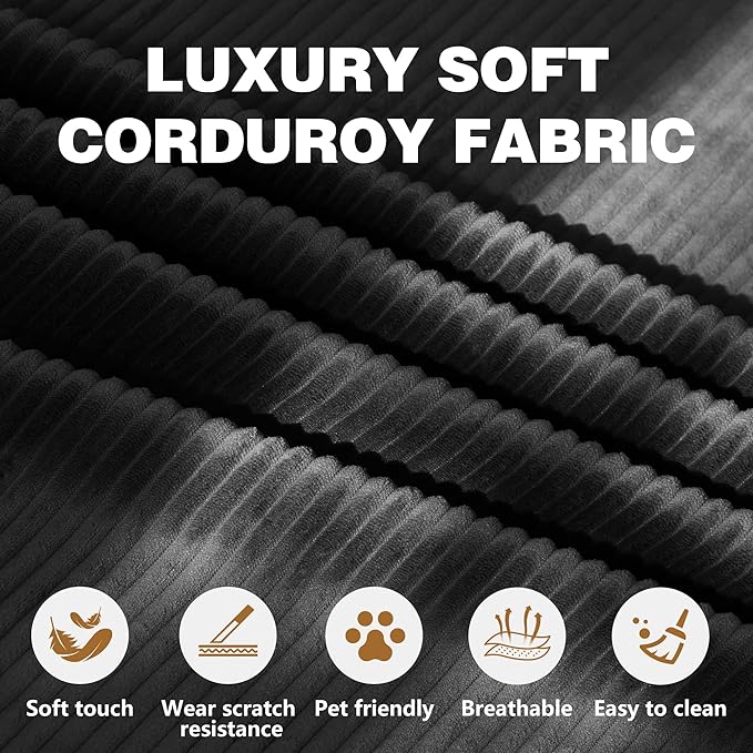78.8" Convertible Sofa Bed - Compression Sofa with Corduroy Fabric - with Armrests and Backrest - Modular Sectional for Living Room, Bedroom, Studio - Compression Sofa in Box (Black)