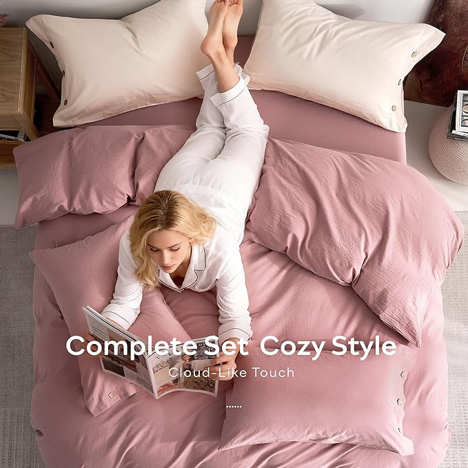 JELLYMONI 100% Washed Cotton Duvet Cover King – Soft, Breathable Linen-Look Bedding with Natural Wrinkle Texture, Button Closure, 3-Piece Set (Darker Rose, 104"x90")