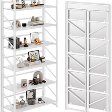 JSB No Assembly Folding Bookshelf, 6 Tier Industrial Metal Book Shelf for Storage, Vintage Wood Foldable Bookcase for Living Room, Bedroom, Office Organization Shelves