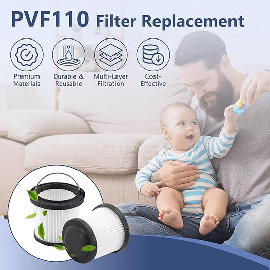 4 Pack PVF110 Replacement Filter for Black and Decker Handheld Pivot Vacuums PHV1810, PHV1210, PHV1410, BDH2000PL, BDH2020FLFH, BDH1620FLFH, Part # 90552433, Washable Hand Vac Filters