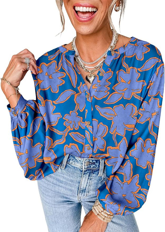 Astylish Womens 2026 Boho Floral Loose Spring Summer Tops Lantern Sleeve Flowy Blouses V Neck Button Down Shirts