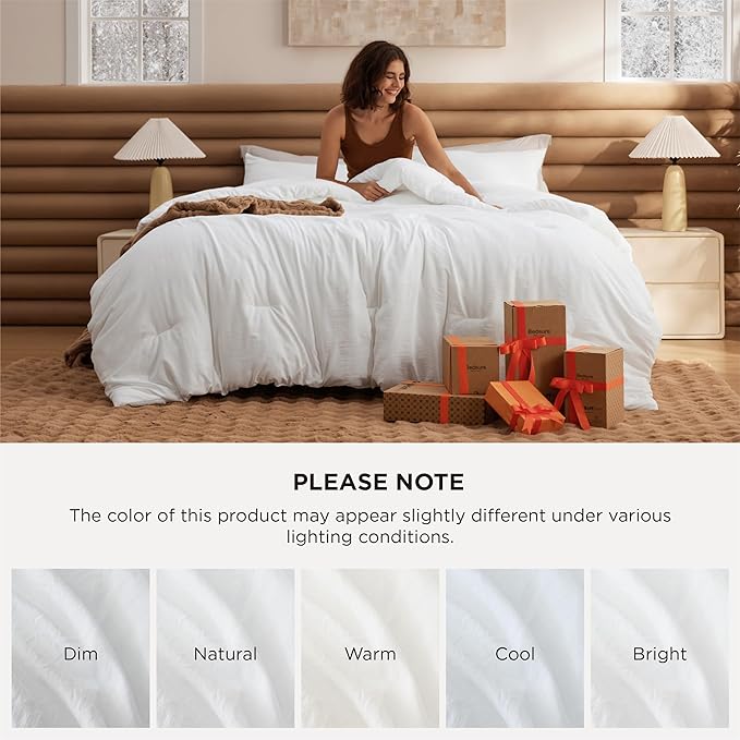 Bedsure King Size Comforter Set, White Soft Prewashed Bedding for All Seasons, 3 Pieces GentleSoft™ Warm Down Alternative Bed Set, 1 Lightweight Comforter (104"x90") and 2 Pillowcases (20"x36")