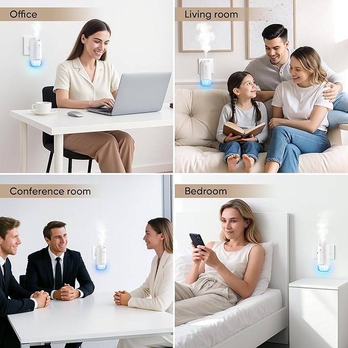 Plug in Diffuser Starter Kit - Waterless Scent Diffuser with 5 Essential Oils, 700 Sq Ft Coverage, Smart Wall Design, Cold-Air Mist, 3 Mist Levels & Blue Ambient Light for Home or Small Spaces, White
