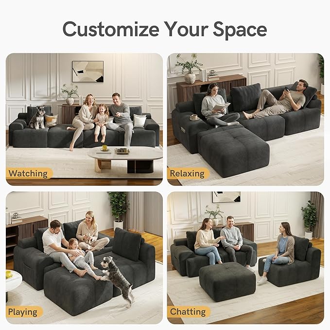 Boneless Couches for Living Room L Shaped Couch Modular Sectional Sofa 112'' Comfy Deep Seat No Assembly Couch Grey Modern 3 Seater Chenille Boneless Sofa with Ottoman for Bedroom Apartment