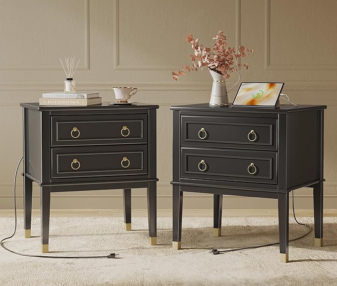 Huuger 27.6 Inch Tall Nightstand with Charging Station, USB-C Port, Larger Night Stand Set of 2, Bedside Table with 2 Drawers, 11.4 Inch Raised Legs, Side Tables End Tables, for Bedroom, Black
