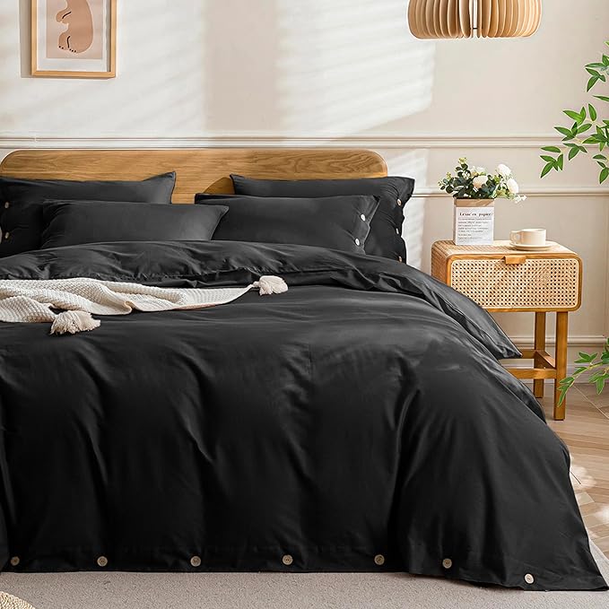 JELLYMONI Cotton Duvet Cover Twin Size - Pure Black Comforter Cover with Button 100% Washed Cotton 2PCS Breathable Soft Solid Bedding Set Duvet Cover 68×90in & 1 Pillowcase (NO Comforter)