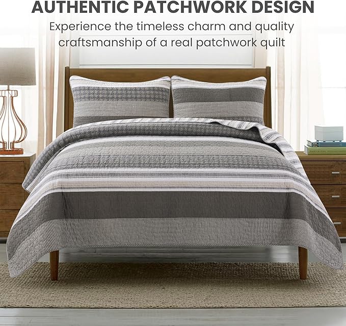 Soul & Lane Madrona 3-Piece Pieced Cotton Quilt Set - Queen Size with 2 Shams, Modern Masculine Quilted Bedspread in Brown and Gray, Contemporary Striped Bedding for Men's Bedroom