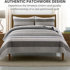 Soul & Lane Madrona 3-Piece Pieced Cotton Quilt Set - Queen Size with 2 Shams, Modern Masculine Quilted Bedspread in Brown and Gray, Contemporary Striped Bedding for Men's Bedroom