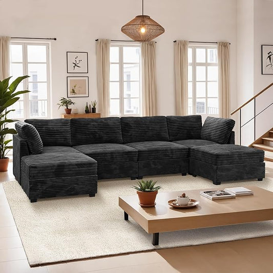 Large 6 Seat Modular Sectional Sofa with Ottoman Seat Corduroy Sleeper Sectional Sofa Bed Oversized Convertible Modular Couch for Living Room