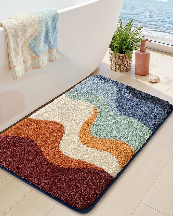 DEXI Bathroom Rug Washable, 17x30 Non Slip Bath Mat Absorbent, Soft Plush Microfiber Bathmat Quick Dry for Shower Floor, Colorful