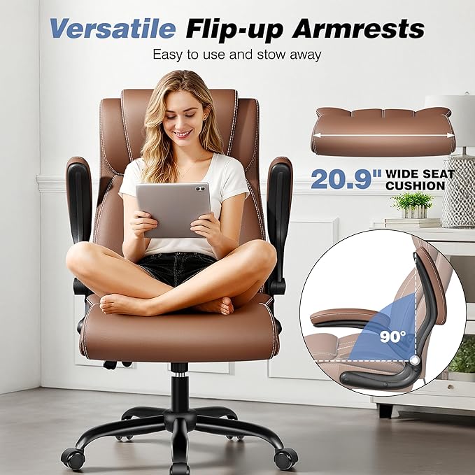 Ergonomic Office Chair - Home Desk Computer Chair, Leather High Back Executive Chairs with Adjustable Lumbar Support & Flip-up Arms, Rocking Swivel Comfy, Brown