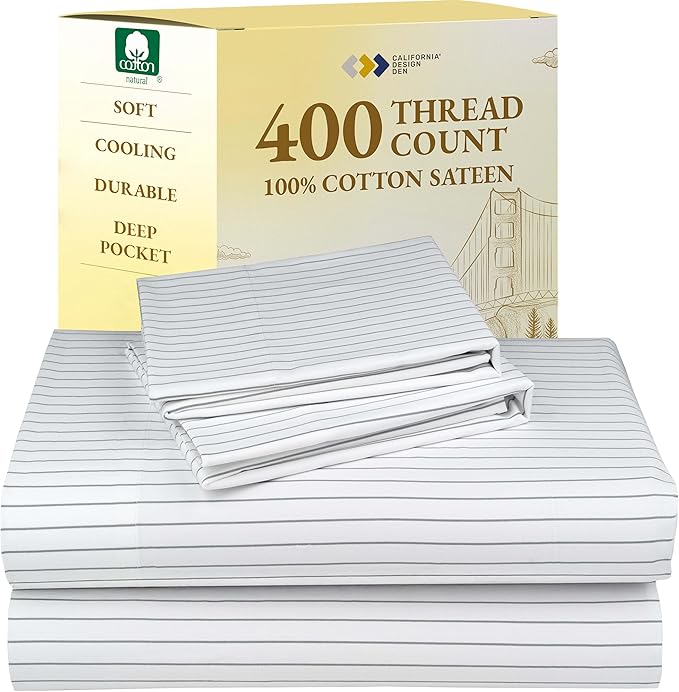 California Design Den Full Size Bed Sheets Set - 400 Thread Count Sateen, Natural 100% Cotton Sheets Full Size, Deep Pocket and Durable Bedding Set - Pinstriped CaliforniaDesignDen