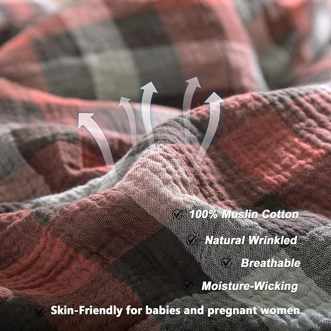 VM VOUGEMARKET Cotton Muslin Duvet Cover Queen Christmas Red Plaid Bedding Set Soft Breathable Linen Like Gauze Gingham Comforter Cover with Zipper Closure for Teen Men,90"x90"