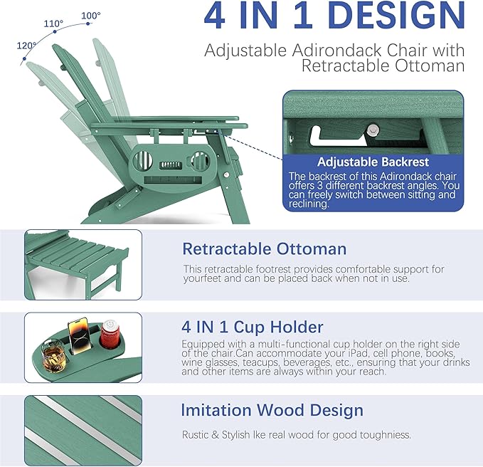 FOOWIN Adirondack Chair with Retractable Ottoman,HDPE Folding Adjustable Adirondack Chair w/4 in 1 Cup Holder Trays,All-Weather Resistant Fire Pit Chair for Outdoor Patio Lawn Set of 8