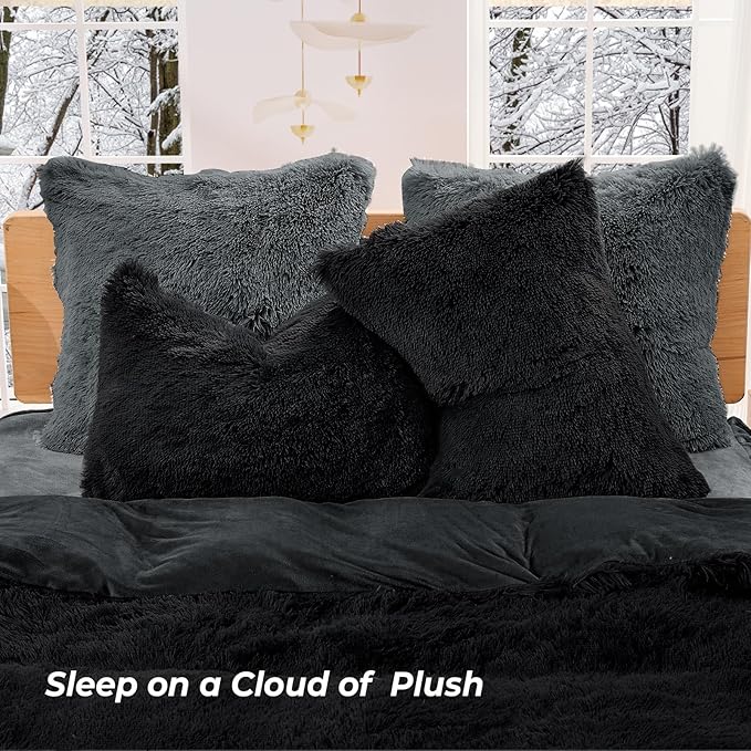 Sasttie 3-Piece Fluffy Duvet Cover Queen, Ultra Soft Faux Fur and Velvet Black Comforter Cover, Luxury Fuzzy Bedding Sets for Winter Bed, Includes 1 Duvet Cover and 2 Pillowcases, No Comforter