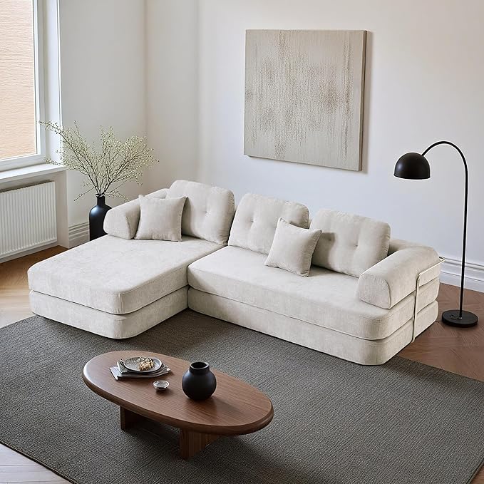 104" Oversized Convertible Sleeper Sofa Bed, Chenille L Shape Sectional Couch, Folding Sofa Bed with Fixed-Shape Frame, Modern Cloud Floor Mattress Couch, Modular Sofa for Living Room, Light Grey
