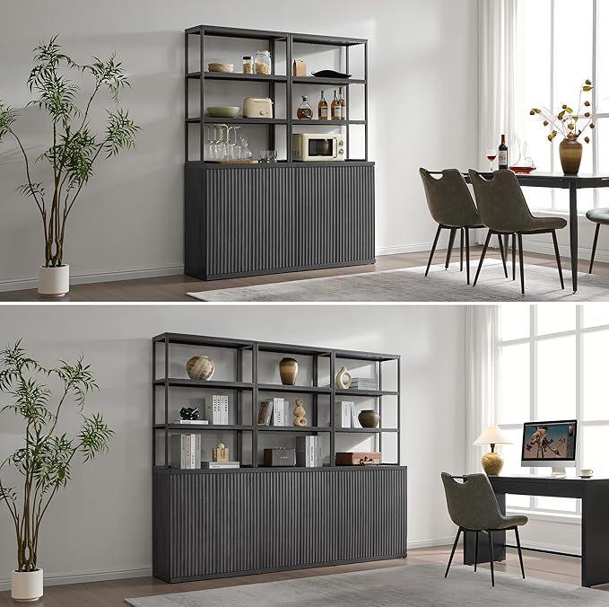 SICOTAS Fluted Book Shelf with Doors - 75" Tall Bookshelf with Storage 6 Tier Large Bookcase with Bottom Cabinet - Modern Metal Book Case for Living Room, Home Office, Bedroom, Kitchen, 3 Pieces