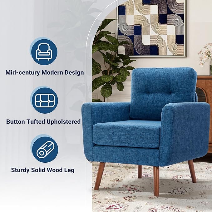 Tbfit Linen Fabric Single Sofa, Accent Chair, Mid Century Modern Armchair for Living Room, Bedroom Button Tufted Upholstered Comfy Reading Sofas, Blue