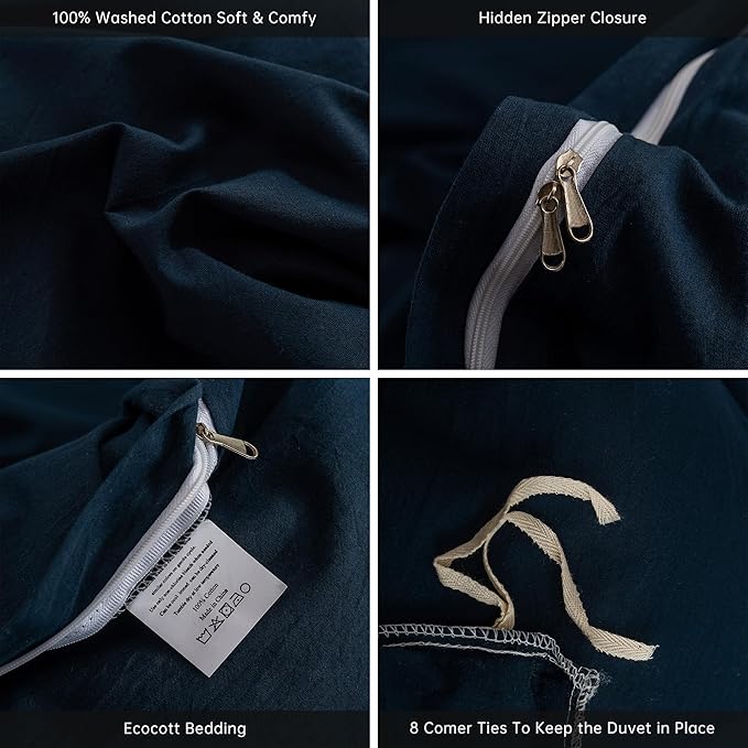 ECOCOTT Navy Blue Duvet Cover Oversized Queen Size, 100% Washed Cotton 3-Piece Bedding Set - Ultra Soft, Breathable & Easy Care with Zipper Closure and 2 Pillowcases, Luxury Hotel Quality