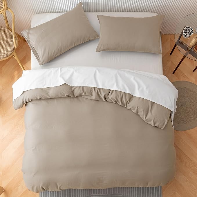 HeimenAogo Egyptian Cotton Duvet Cover Set Queen Size, Ultra Soft and Breathable Comforter Cover with Zipper Closure, High Thread Count Long Staple Cotton Blanket Cover 3pcs, Oxford Tan
