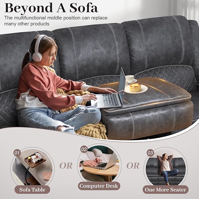 3-Seater Recliner Sofa, Manual Reclining Couch with Multi-Functional Middle Seat, Reclining Sofa for Living Room with Hidden Storage Space, Cup Holders, and Removable Console - Velvet Grey
