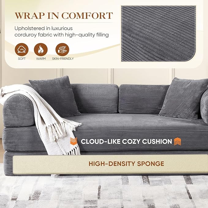 Antetek Convertible Futon Sofa Bed, 3-Seater Modern Corduroy Foam Floor King Size Bed Fold Out Sleeper Lounge Loveseat Sofa Couch with 2 Throw Pillows for Living Room Bedroom Guest Room, Light Grey