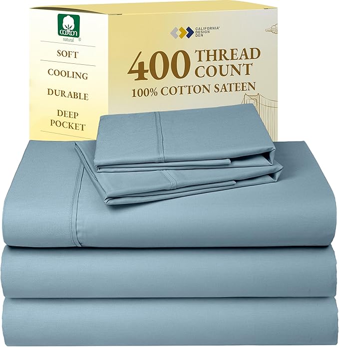 California Design Den Split King Sheets Sets for Adjustable Bed - Soft 400 Thread Count Sateen, Natural 100% Cotton Sheets with Deep Pockets, Breathable, and Durable Bedding Set - Sky Blue CaliforniaDesignDen