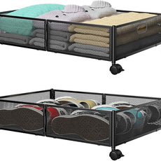 PHINOX Under Bed Storage with wheels, Under the Bed Storage Containers,Upgrade Crossed Iron Wire, Metal Rolling Underbed Storage Containers for Bedroom Clothes Shoes Blankets-2 Pack,Black