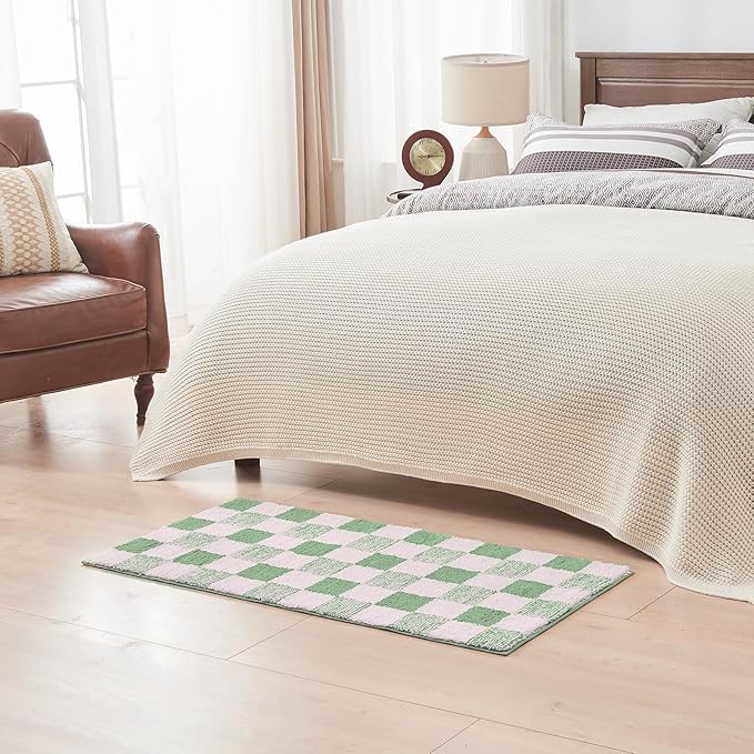 CozeCube Bath mats for Bathroom Non Slip, Fluffy Absorbent Microfiber Bath mat Washable, Aesthetic Bathroom Rugs, Long Sage Green Checkered Bath Runner, Sage Green, 59" x 24"