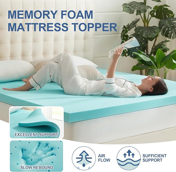 2 Inch Memory Foam Mattress Topper Queen, Mattress Pad Gel Infused Foam Bed Topper, Ventilated Soft Blue,Queen Size