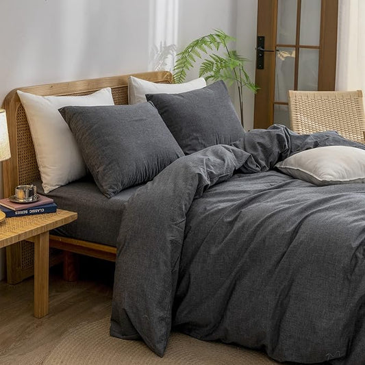 BESTOUCH Duvet Cover Set 100% Washed Cotton Linen Feel Super Soft Comfortable Chic Lightweight 3 PCs Home Bedding Set Solid Dark Black Full/Double