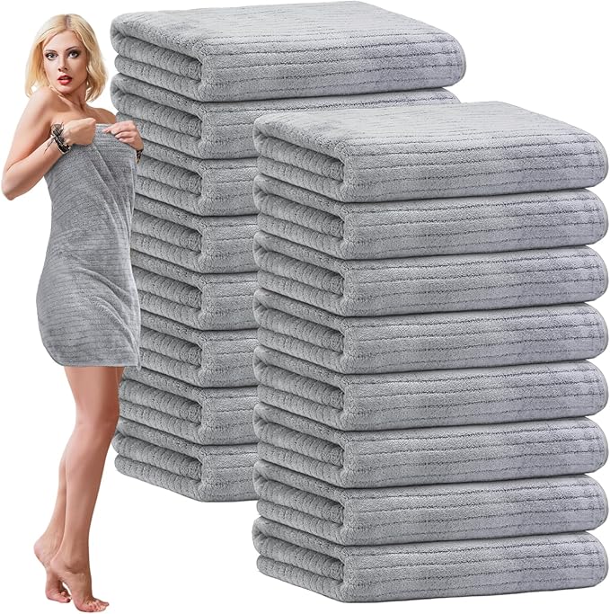 16 Pack Microfiber Bath Towels Bulk 27'' x 60'' Oversized Size Bath Towel Highly Absorbent Extra Large Soft Drying for Shower Beach Winter Salon Sport Gym Party (Stripe,Grey)