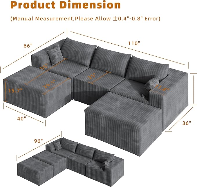 110" Cloud Couch Sectional for Living Room U-Shape Boneless Couches Modular Sectional Sofa with Deep Seat with Chaise,No Assembly Required, Carbon Gray(Plush Corduroy Fabric)