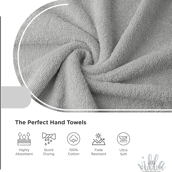 100% Cotton Hand Towel Set of 2, (16 x 28 inches) Sustainable, Soft, Highly Absorbent, Quick Drying, Combed Cotton Hand Towels Pack of 2 Ideal for Hotels, Spa, Bathroom, Dorm, Silver