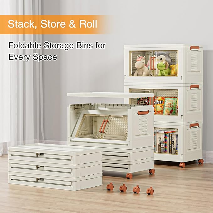 VECELO 180 QT Stackable Storage Bins with Wheels, Magnetic Dual Opening Doors & Transparent Panels, Plastic Foldable Storage Containers for Living Room, Bedroom, Kitchen, Office