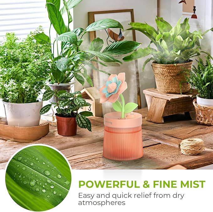Cute Flower Mini Humidifier, Purple Gardenia Desktop Humidifiers for Bedroom, 260ml Portable Small Cool Mist Humidification, USB Powered, Auto Shut-Off, Perfect for Home, Office & Indoor Plants