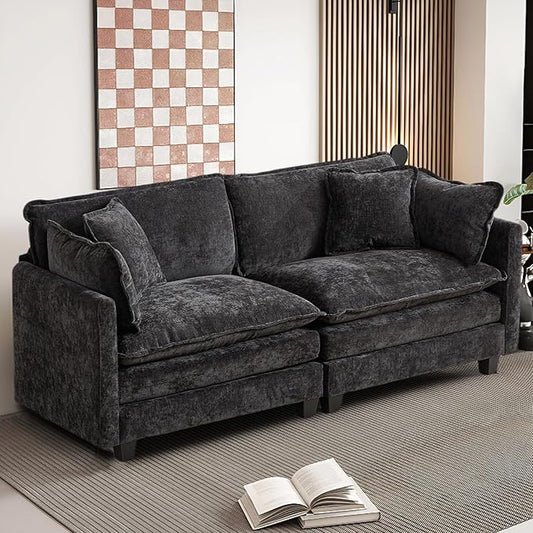 SoarFlash 77.95" Chenille Sectional Sofa, Comfy Modular Loveseat Sofa, Modern 2-Seat Couch Deep Seat Sofa Set for Living Room,Black