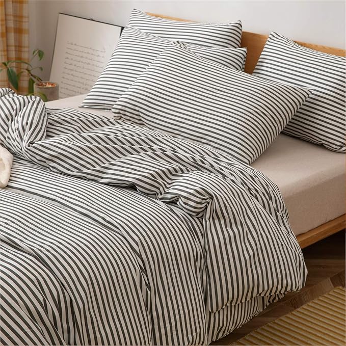 JELLYMONI 100% Natural Cotton 3pcs Striped Duvet Cover Sets,White Duvet Cover with Dark Grey Stripes Pattern Printed Comforter Cover,with Zipper Closure & Corner Ties(Queen Size)