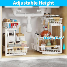 Under Sink Organizer, 2 Tier Slide Out Under Sink Organizers and Storage, Height Adjustable Pull out under cabinet storage, Metal Bathroom Kitchen Sink Organizer，2 Pack