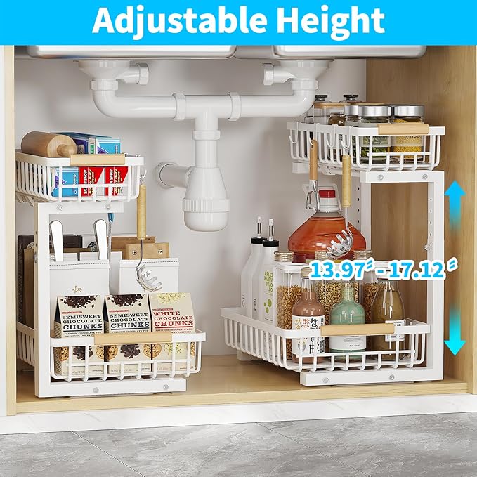 Under Sink Organizer, 2 Tier Slide Out Under Sink Organizers and Storage, Height Adjustable Pull out under cabinet storage, Metal Bathroom Kitchen Sink Organizer，2 Pack