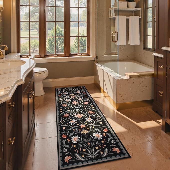Lahome Boho Floral 2x6 Rug Runners for Hallways Non Slip, Black Kitchen Runner Rugs Non Skid Washable Bathroom Carpet Runner, Soft Non-Slip Runners for Entryway Laundry(Black,2x6)