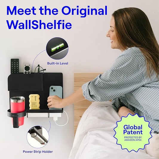 WallShelfie Bedside Wall Organizer & Bedside Shelf, Room Decor, Dorm Room Essential, Floating Bedside Shelf Wall Mount Organizer, Remote Control Holder, RV Accessories, Floating Shelves (Black)