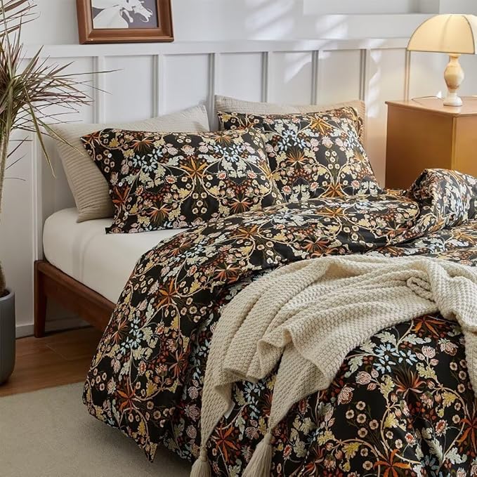 MKXI Shabby Chic Floral Black Comforter Set Nature-Inspired Bedding Comforters Cottage Style Botanical Bed Comforter Set Bohemian Full Size Comforter Set Black Floral