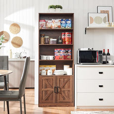 70in Tall Bookshelf 6 Tier Bookcase with Barn Doors and Adjustable Shelf, Brown Farmhouse Book Shelves with Storage Cabinet,Wood Floor Standing Display Bookshelve for Bedroom,Living Room,Kitchen