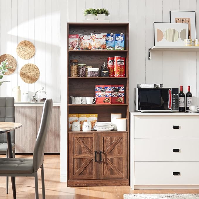70in Tall Bookshelf 6 Tier Bookcase with Barn Doors and Adjustable Shelf, Brown Farmhouse Book Shelves with Storage Cabinet,Wood Floor Standing Display Bookshelve for Bedroom,Living Room,Kitchen