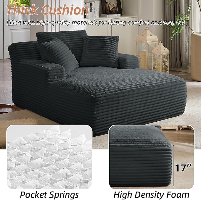 Oversized Chaise Lounge Chair Indoor Corduroy Sofa Bed with Throw Pillows Recliner Chair Comfy Large Deep Seat Sofa Couch for Living Room, Bedroom, Apartment (Dark Grey)