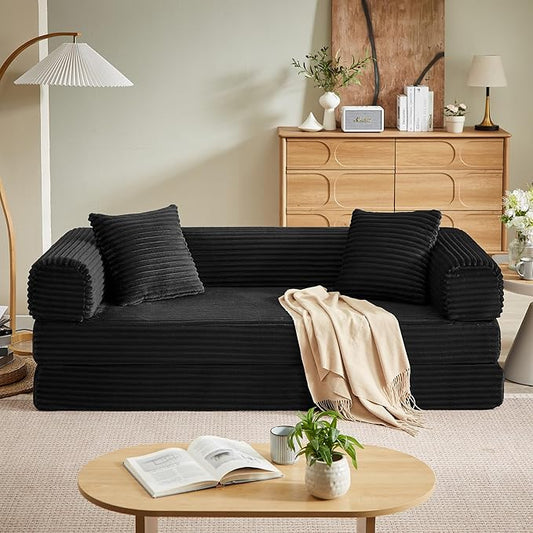 Boneless Couch Sofa Bed Sectional Couches for Living Room,Futon Cloud Couch with Sleeper Sofa,Sofas for Living Room Oversized Corduroy Upholstered (Black)